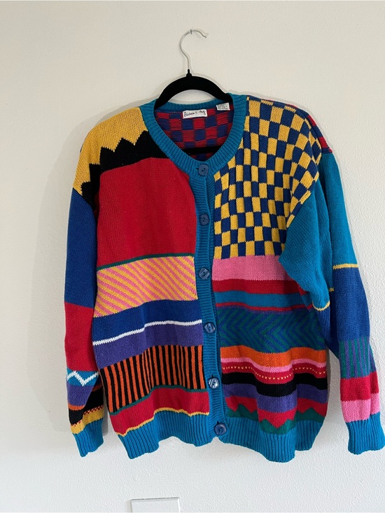 Laureen E. Ong Sweaters - Colorblock Geometric Women’s Cardigan Sweater - Teal Multi, Unique Pattern